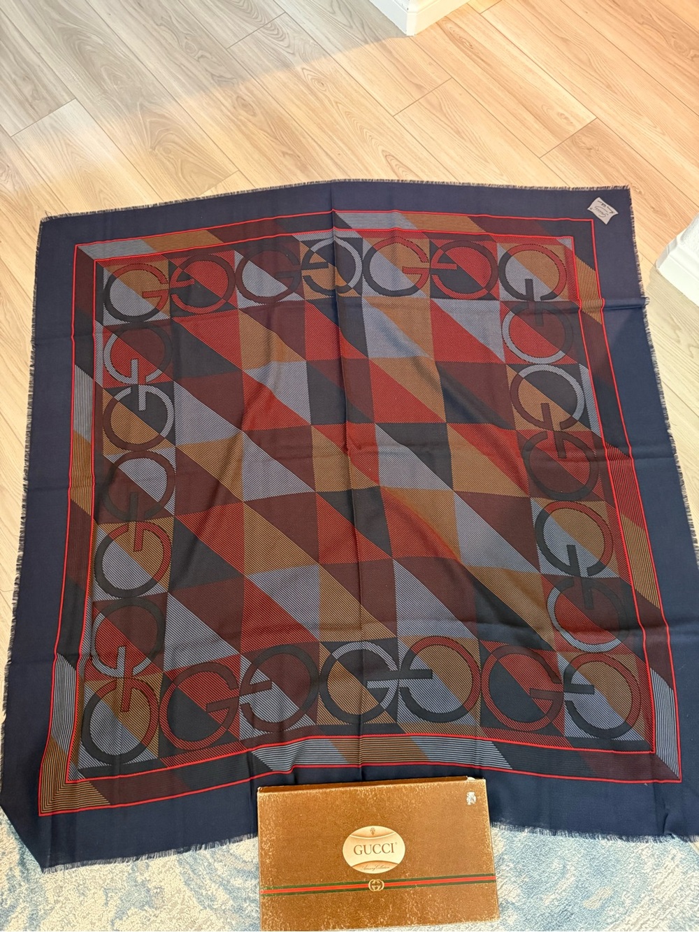 Gucci Navy Multicolor Geometric GG Border Silk Scarf